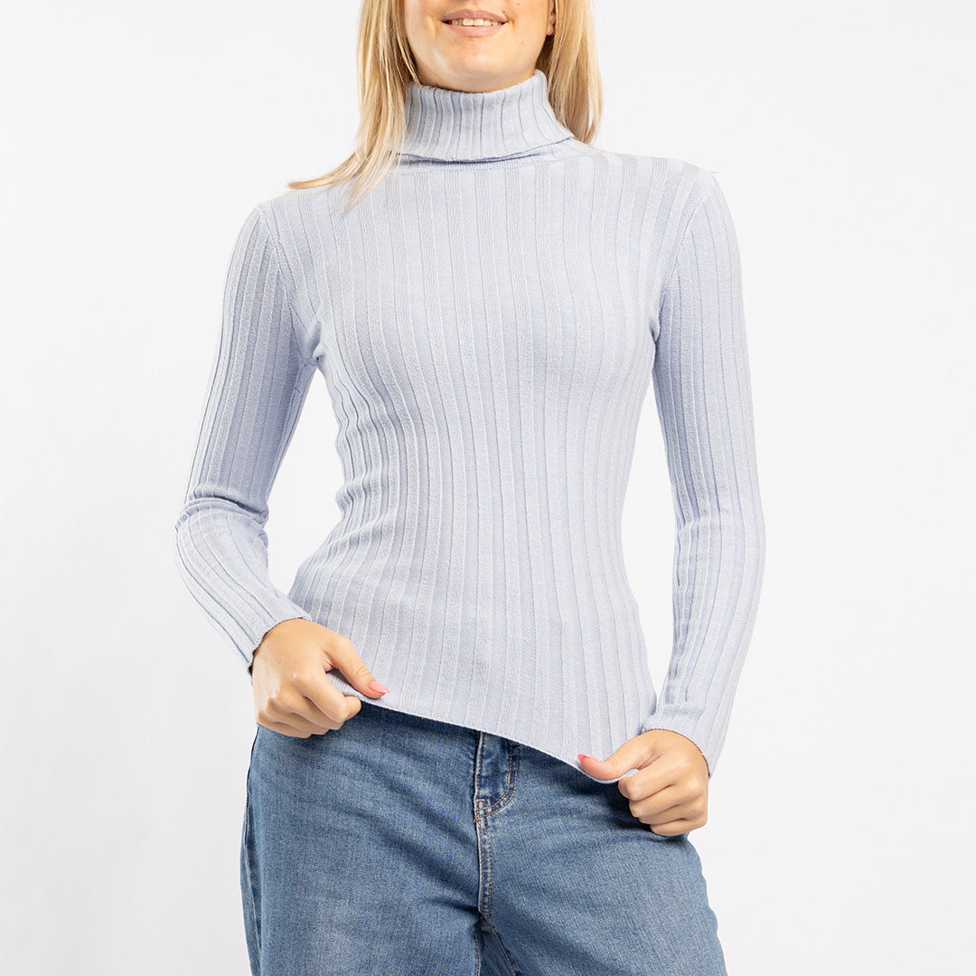 POWDER BLUE RIBBED POLO NECK JERSEY