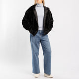 BLACK LONG SLEEVE FUR ZIP THRU JACKET