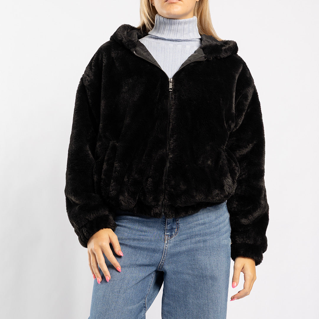 BLACK LONG SLEEVE FUR ZIP THRU JACKET