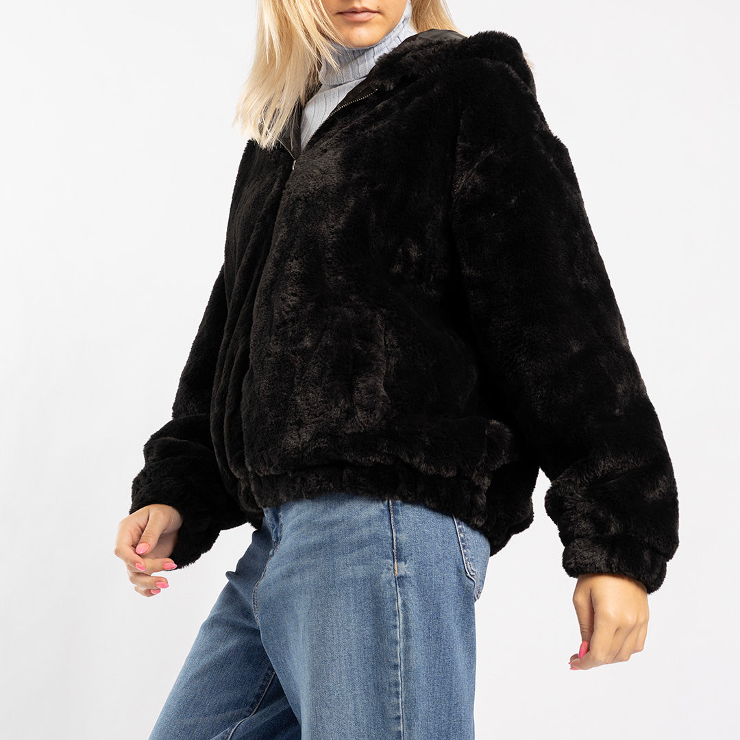 BLACK LONG SLEEVE FUR ZIP THRU JACKET