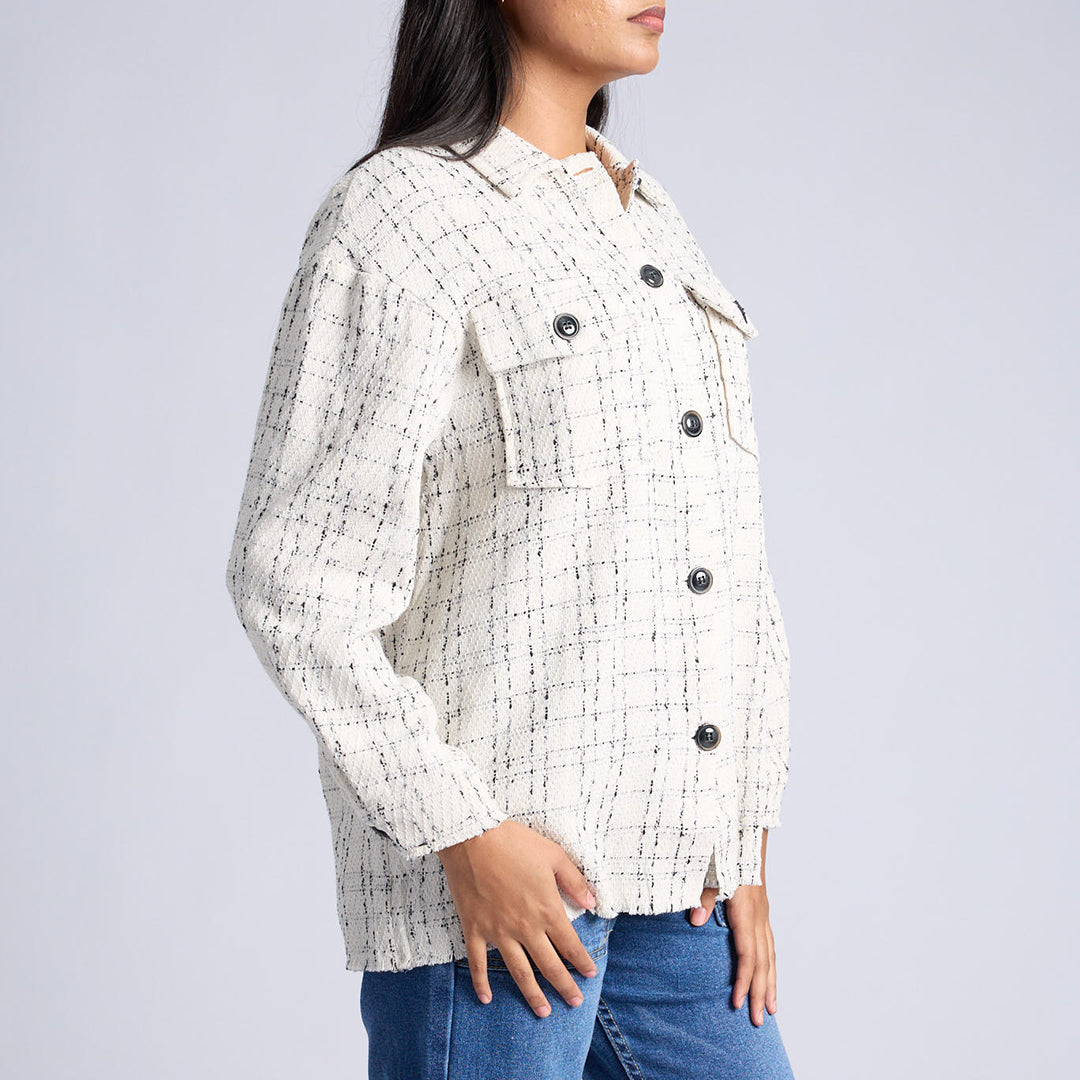 LADIES CREAM CHECK LONG SLEEVE SHACKET