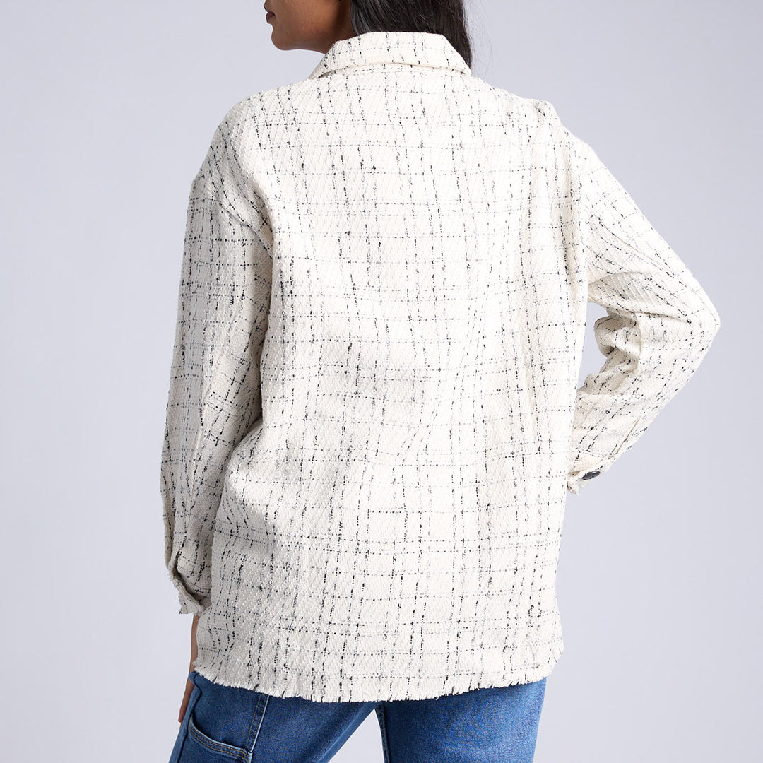 LADIES CREAM CHECK LONG SLEEVE SHACKET