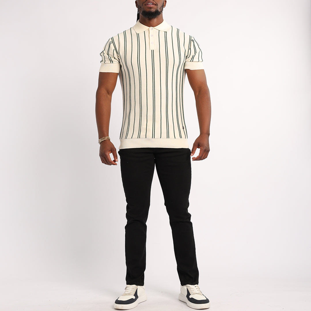 MENS BASIC SUPPLY CREAM/GREEN EMBROIDED STRIPE KNIT GOLFER