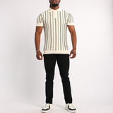 MENS BASIC SUPPLY CREAM/GREEN EMBROIDED STRIPE KNIT GOLFER