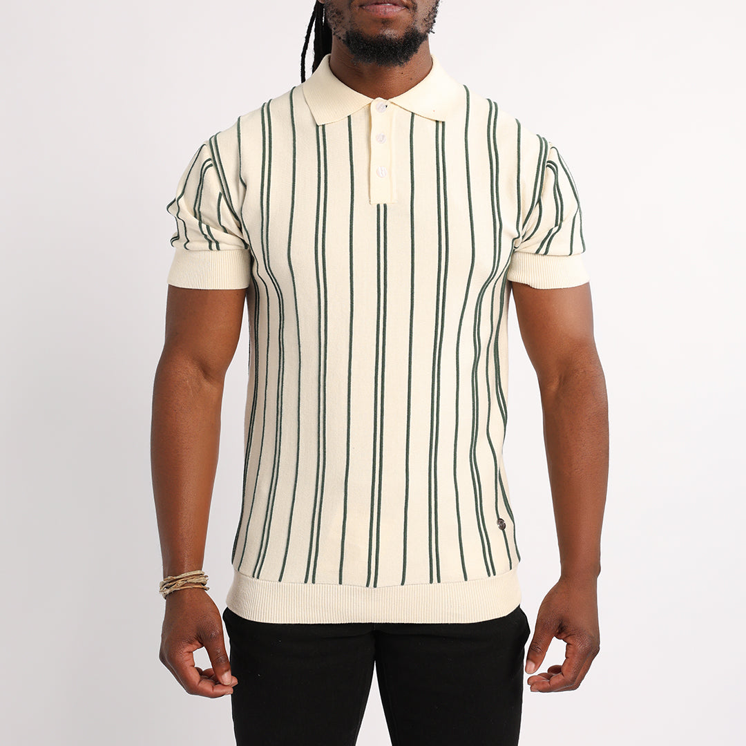 MENS BASIC SUPPLY CREAM/GREEN EMBROIDED STRIPE KNIT GOLFER