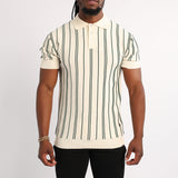 MENS BASIC SUPPLY CREAM/GREEN EMBROIDED STRIPE KNIT GOLFER