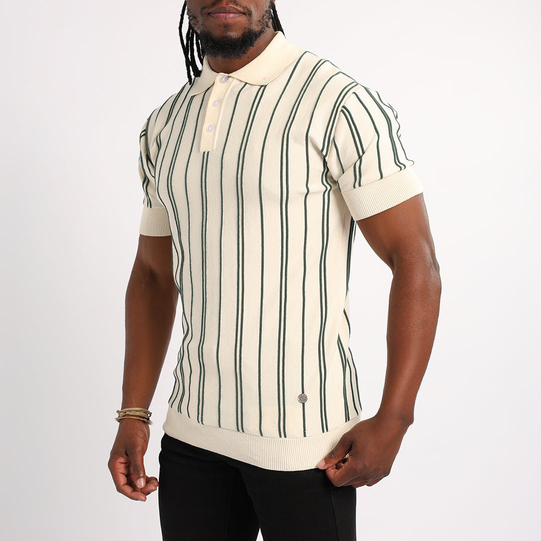 MENS BASIC SUPPLY CREAM/GREEN EMBROIDED STRIPE KNIT GOLFER