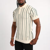 MENS BASIC SUPPLY CREAM/GREEN EMBROIDED STRIPE KNIT GOLFER