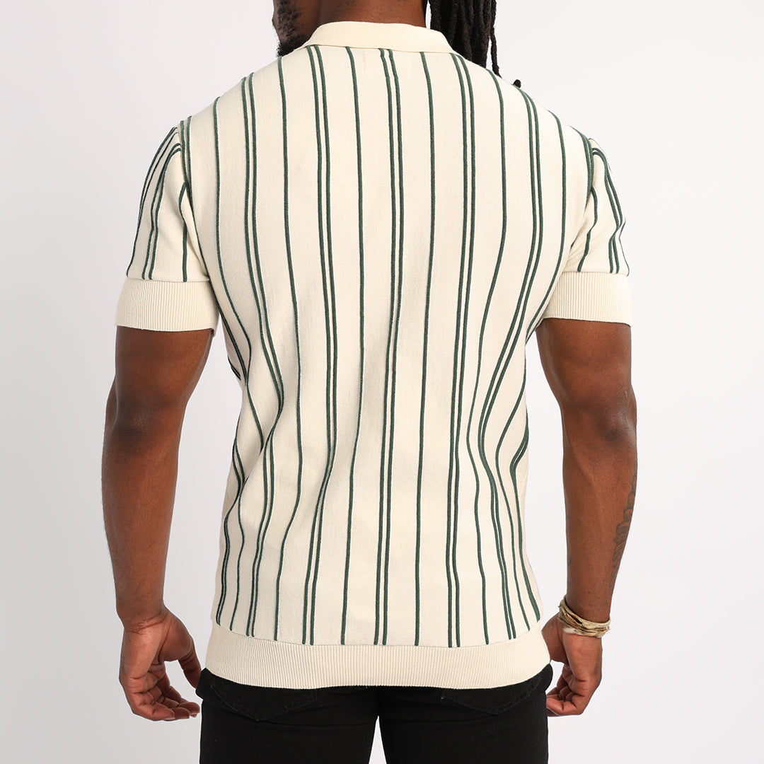 MENS BASIC SUPPLY CREAM/GREEN EMBROIDED STRIPE KNIT GOLFER