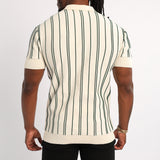 MENS BASIC SUPPLY CREAM/GREEN EMBROIDED STRIPE KNIT GOLFER