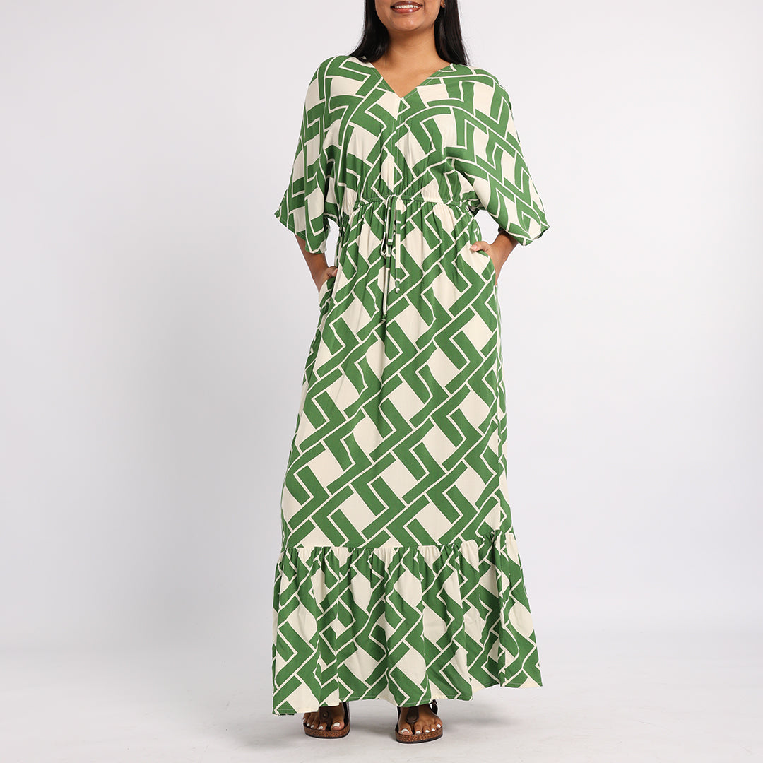 GREEN PRINTED KAFTAN DRESS