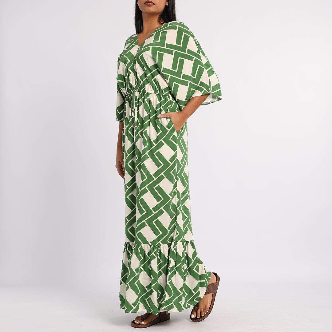 GREEN PRINTED KAFTAN DRESS