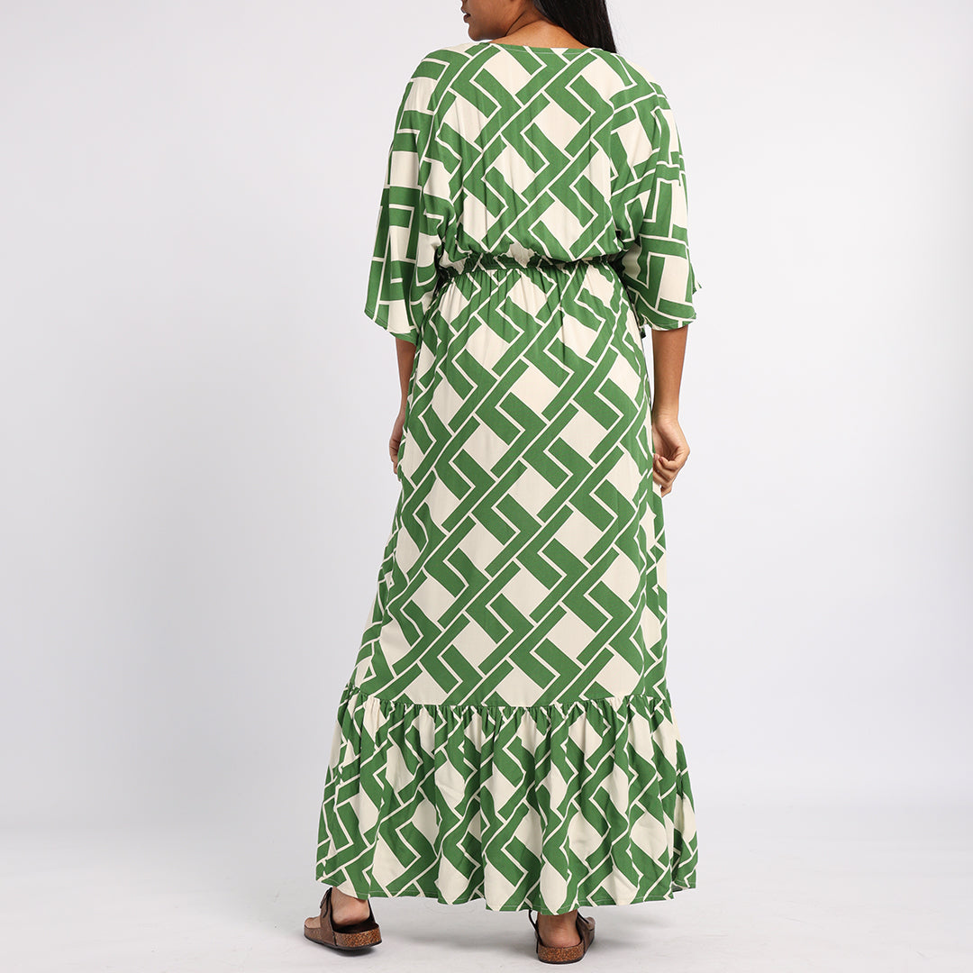 GREEN PRINTED KAFTAN DRESS