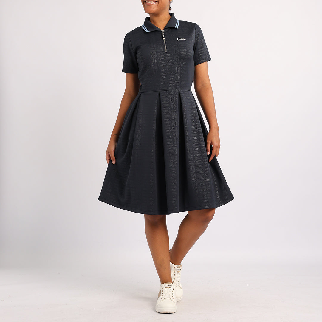 LADIES NAVY PLEATED SCUBA DRESS