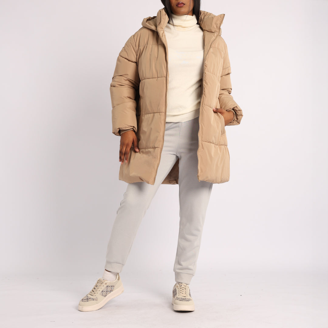 Khaki Long Sleeve Puffer Hooded Jacket