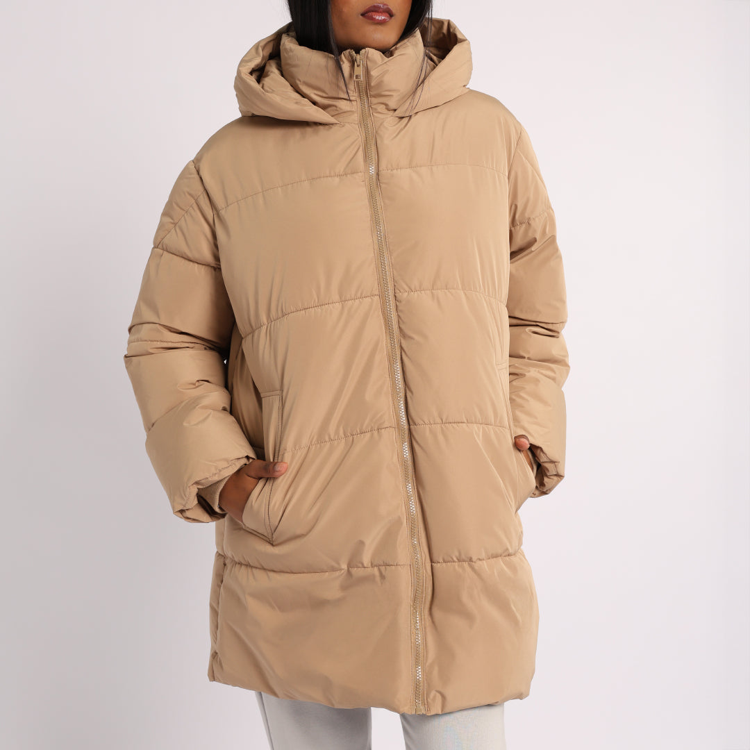 Khaki Long Sleeve Puffer Hooded Jacket
