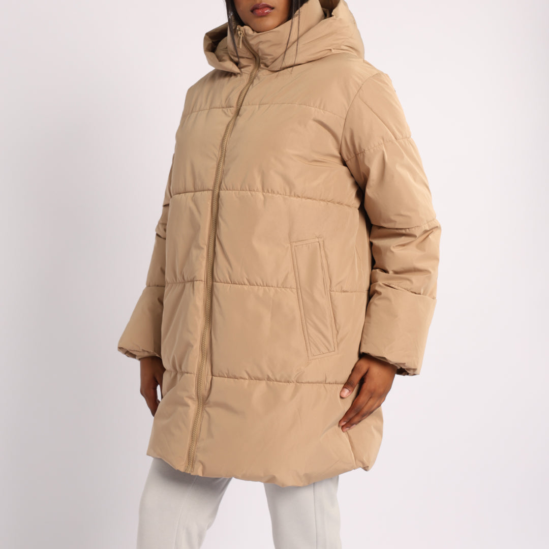 Khaki Long Sleeve Puffer Hooded Jacket