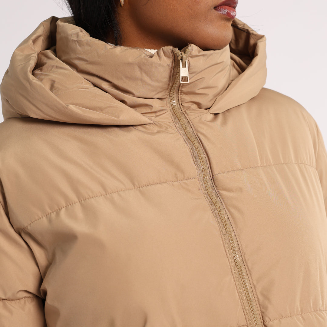 Khaki Long Sleeve Puffer Hooded Jacket