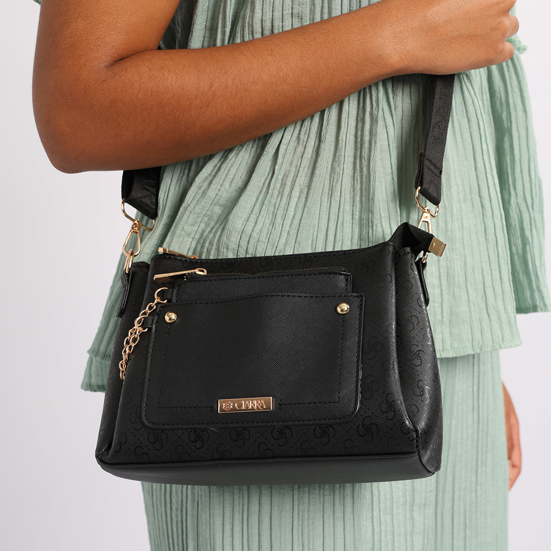 LADIES CIARRA BLACK EMBOSSED AOP CROSSBODY BAG