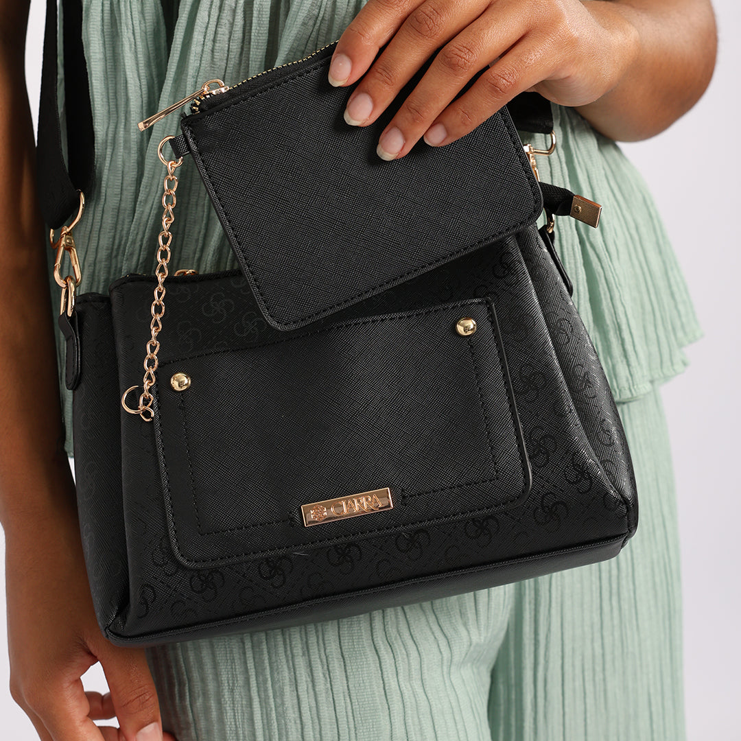 LADIES CIARRA BLACK EMBOSSED AOP CROSSBODY BAG