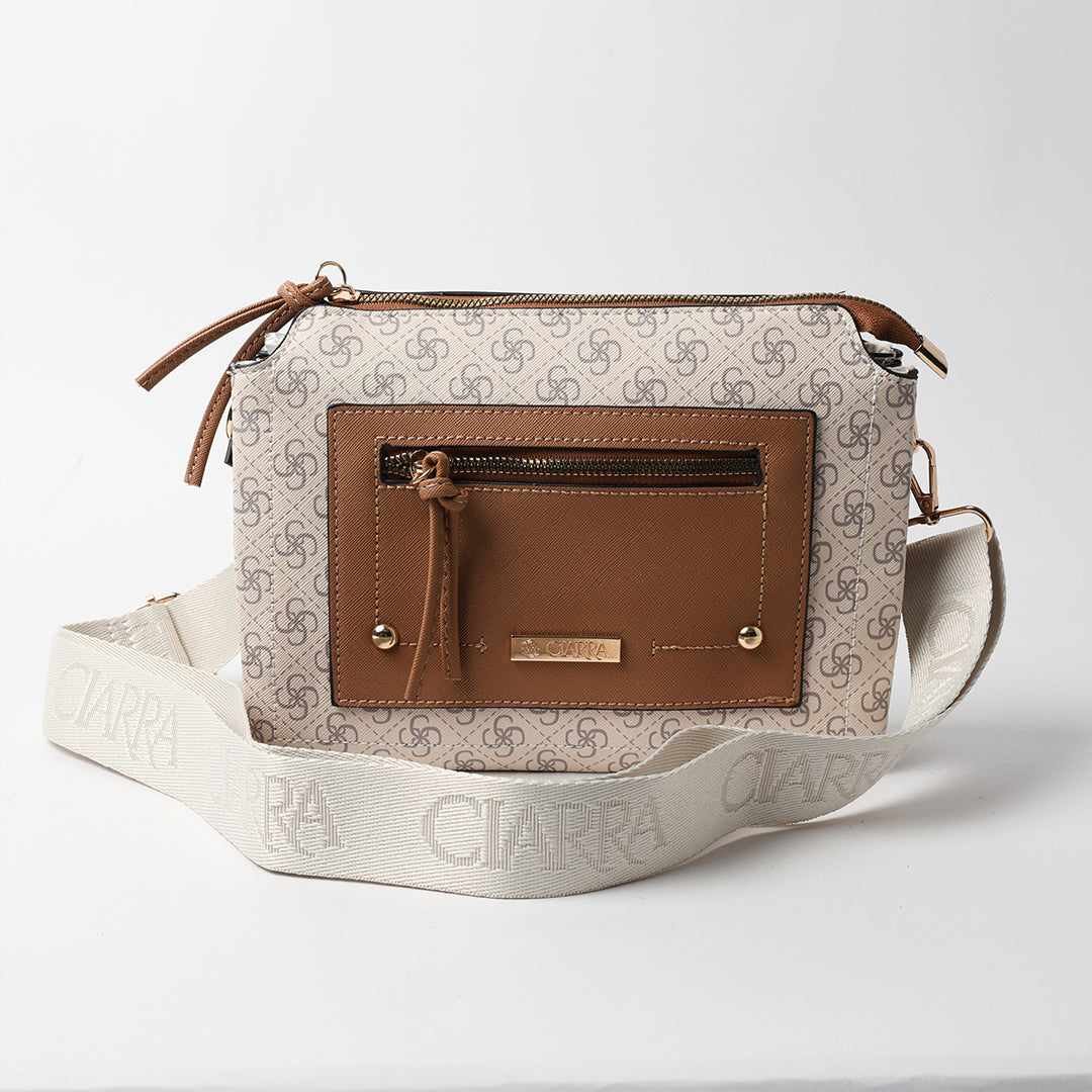 LADIES CIARRA CHOC &amp; BEIGE AOP CROSSBODY BAG