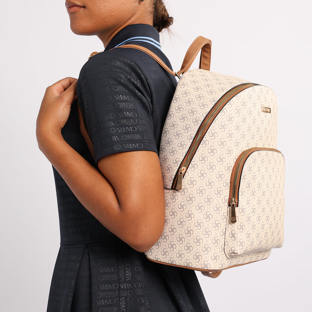LADIES CIARRA OFF-WHITE &amp; TAN AOP BACKPACK