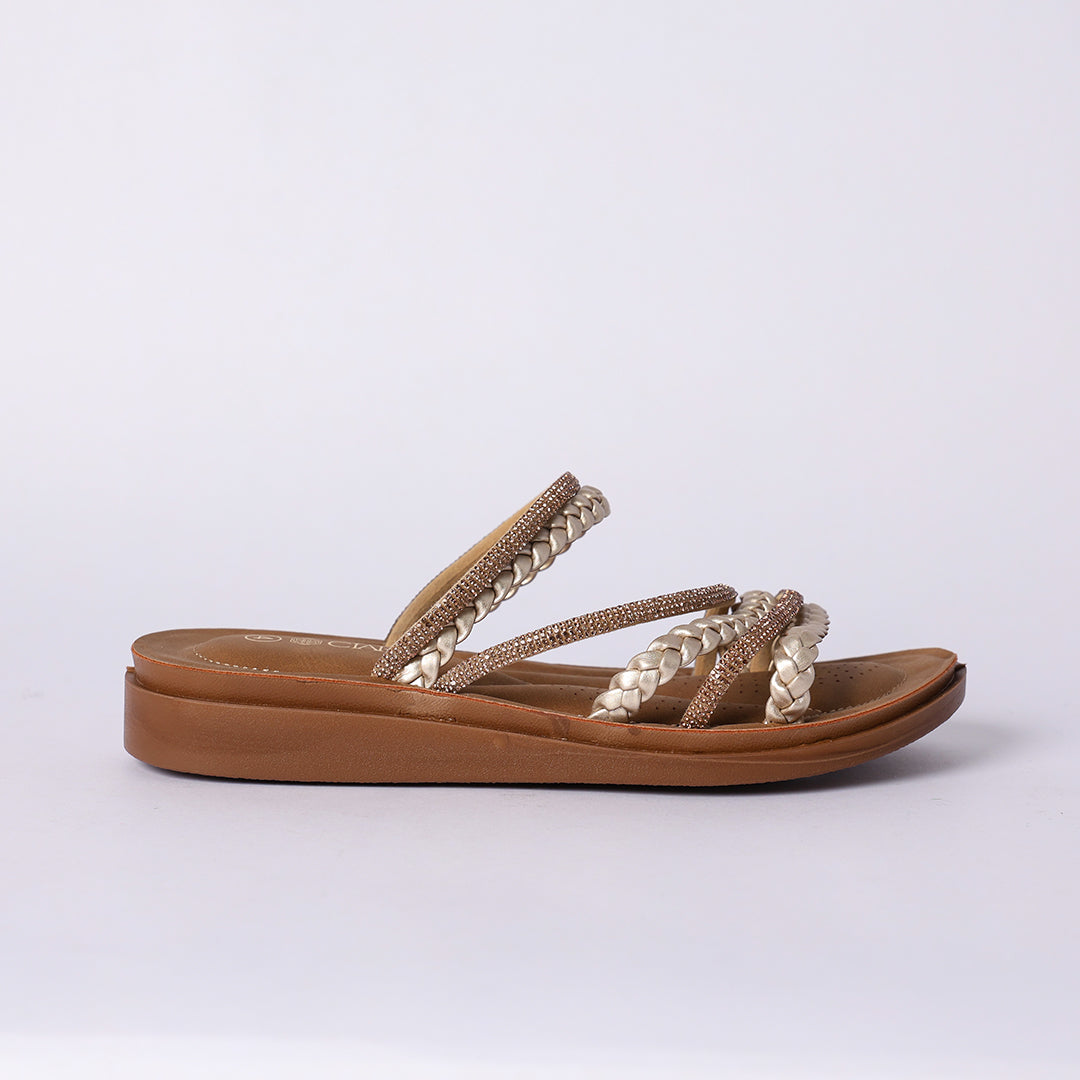 LADIES CIARRA MATTE GOLD COMFORT PUSH IN SANDAL (DIAMANTE &amp; WEAVE)
