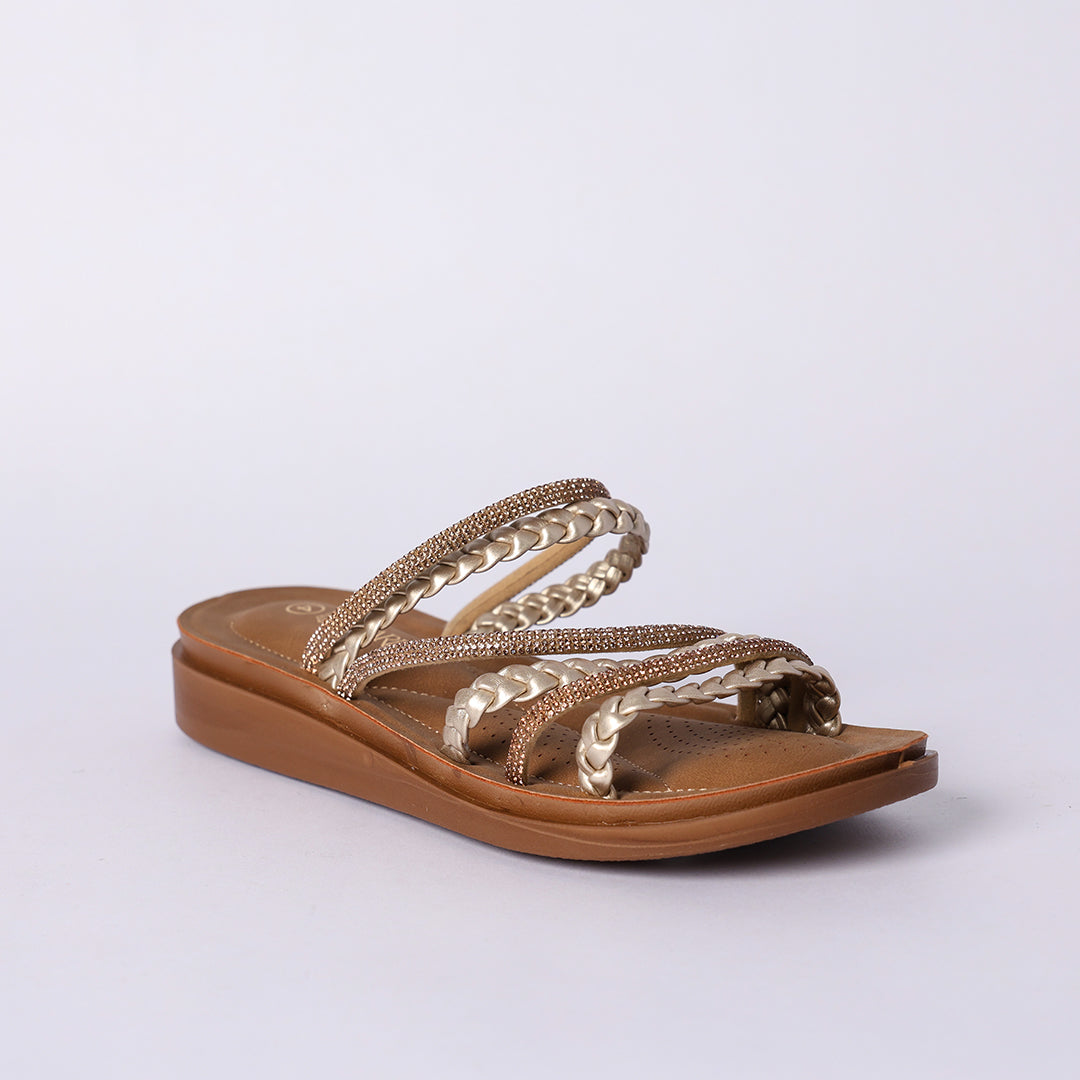 LADIES CIARRA MATTE GOLD COMFORT PUSH IN SANDAL (DIAMANTE &amp; WEAVE)