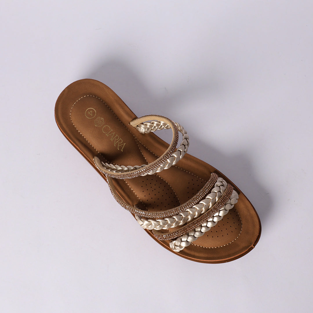 LADIES CIARRA MATTE GOLD COMFORT PUSH IN SANDAL (DIAMANTE &amp; WEAVE)