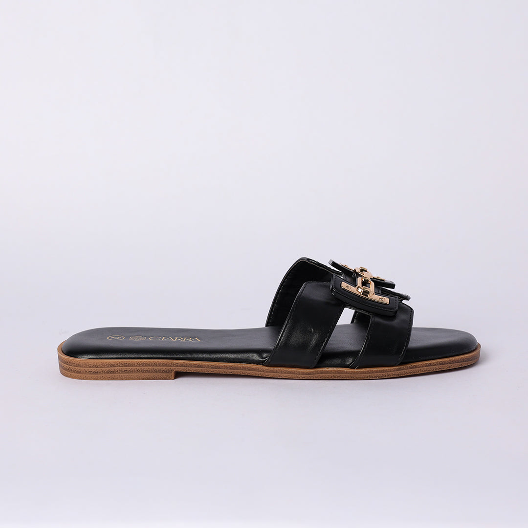 LADIES CIARRA BLACK PU PUSH IN SANDAL (TRIM DETAIL)
