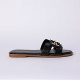 LADIES CIARRA BLACK PU PUSH IN SANDAL (TRIM DETAIL)