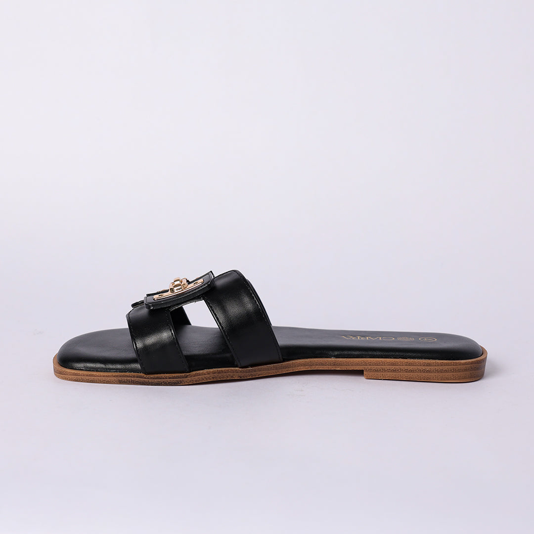 LADIES CIARRA BLACK PU PUSH IN SANDAL (TRIM DETAIL)