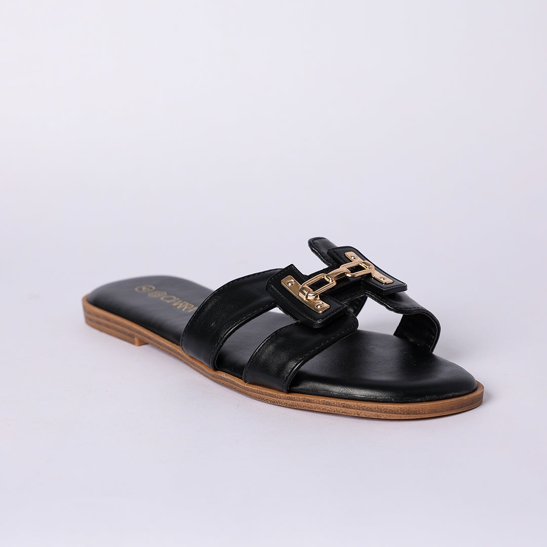 LADIES CIARRA BLACK PU PUSH IN SANDAL (TRIM DETAIL)