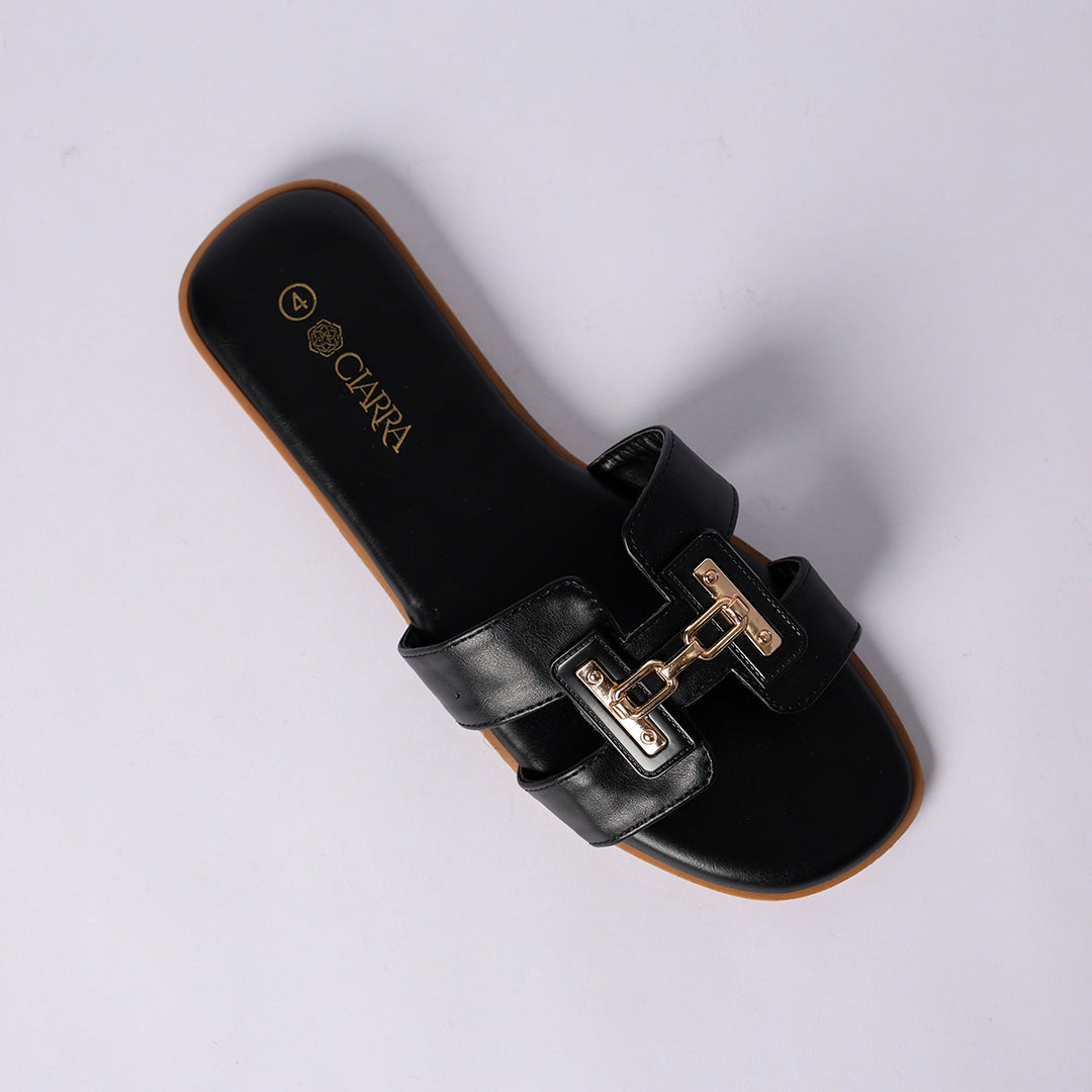 LADIES CIARRA BLACK PU PUSH IN SANDAL (TRIM DETAIL)
