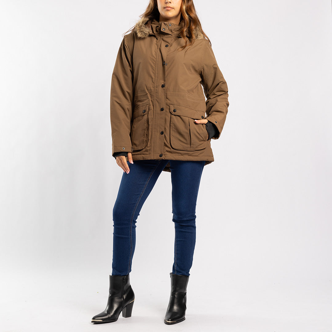CAMEL LONG SLEEVE JACKET WITH FUR HOOD