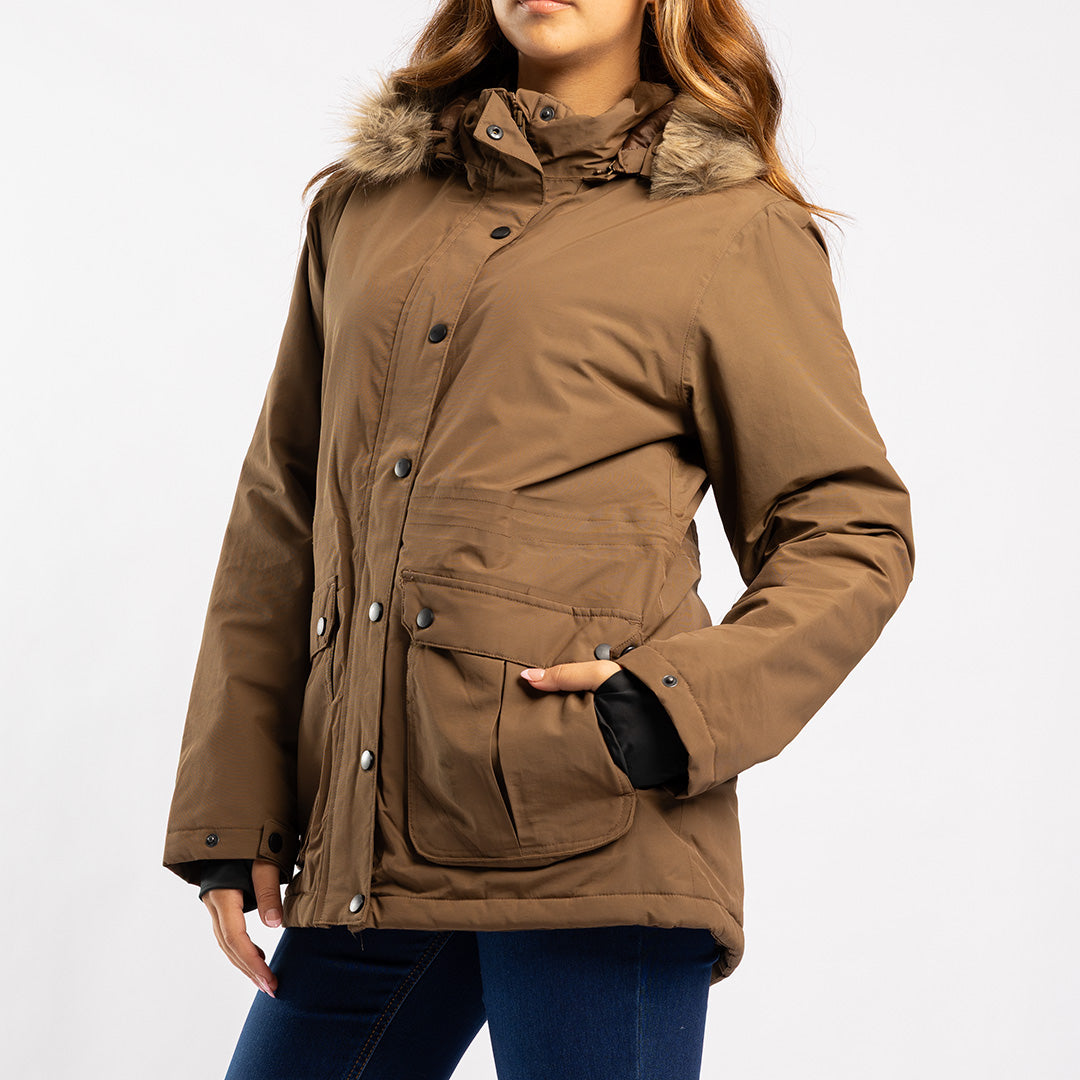CAMEL LONG SLEEVE JACKET WITH FUR HOOD
