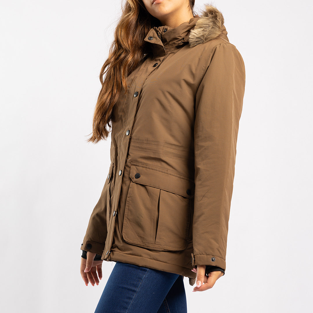 CAMEL LONG SLEEVE JACKET WITH FUR HOOD