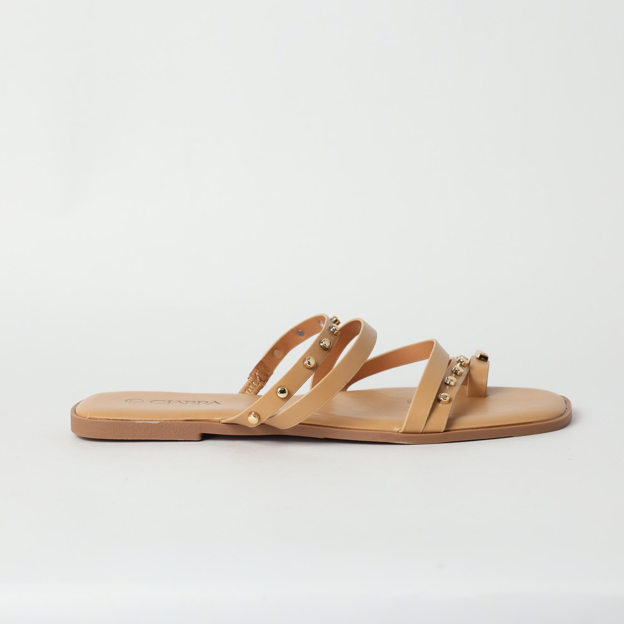 LADIES CIARRA LT TAN COMFORT FLAT SANDAL (SQUARE, EMBELLISHMENTS)