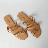 LADIES CIARRA LT TAN COMFORT FLAT SANDAL (SQUARE, EMBELLISHMENTS)