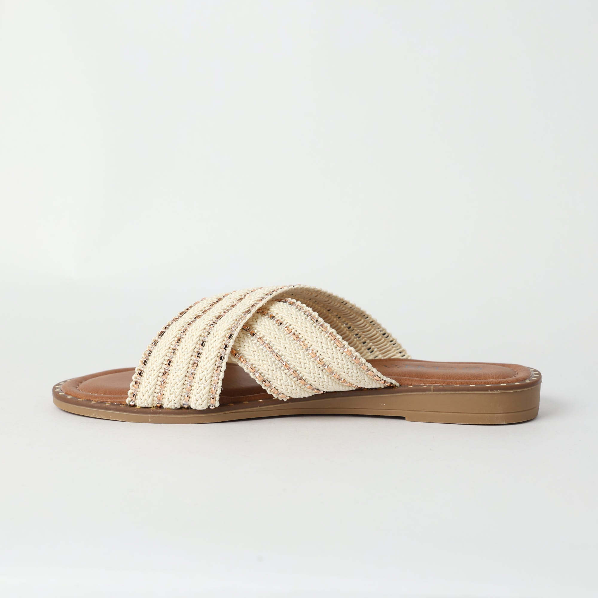 LADIES CIARRA BEIGE GLITTER CROSS OVER SANDAL (WEDGE)