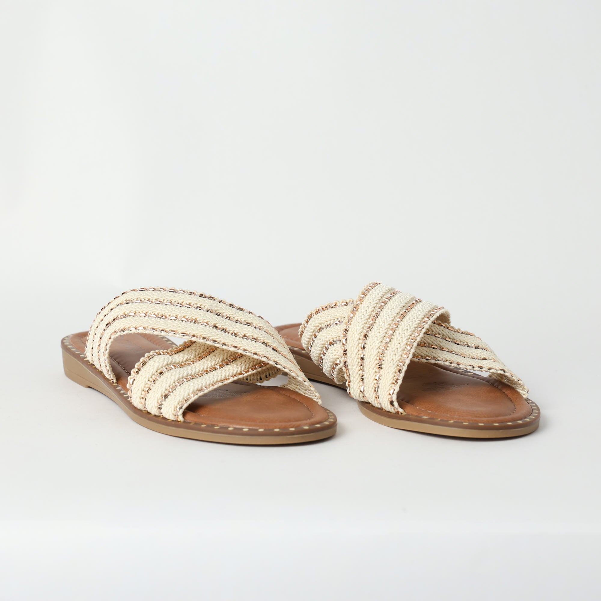 LADIES CIARRA BEIGE GLITTER CROSS OVER SANDAL (WEDGE)