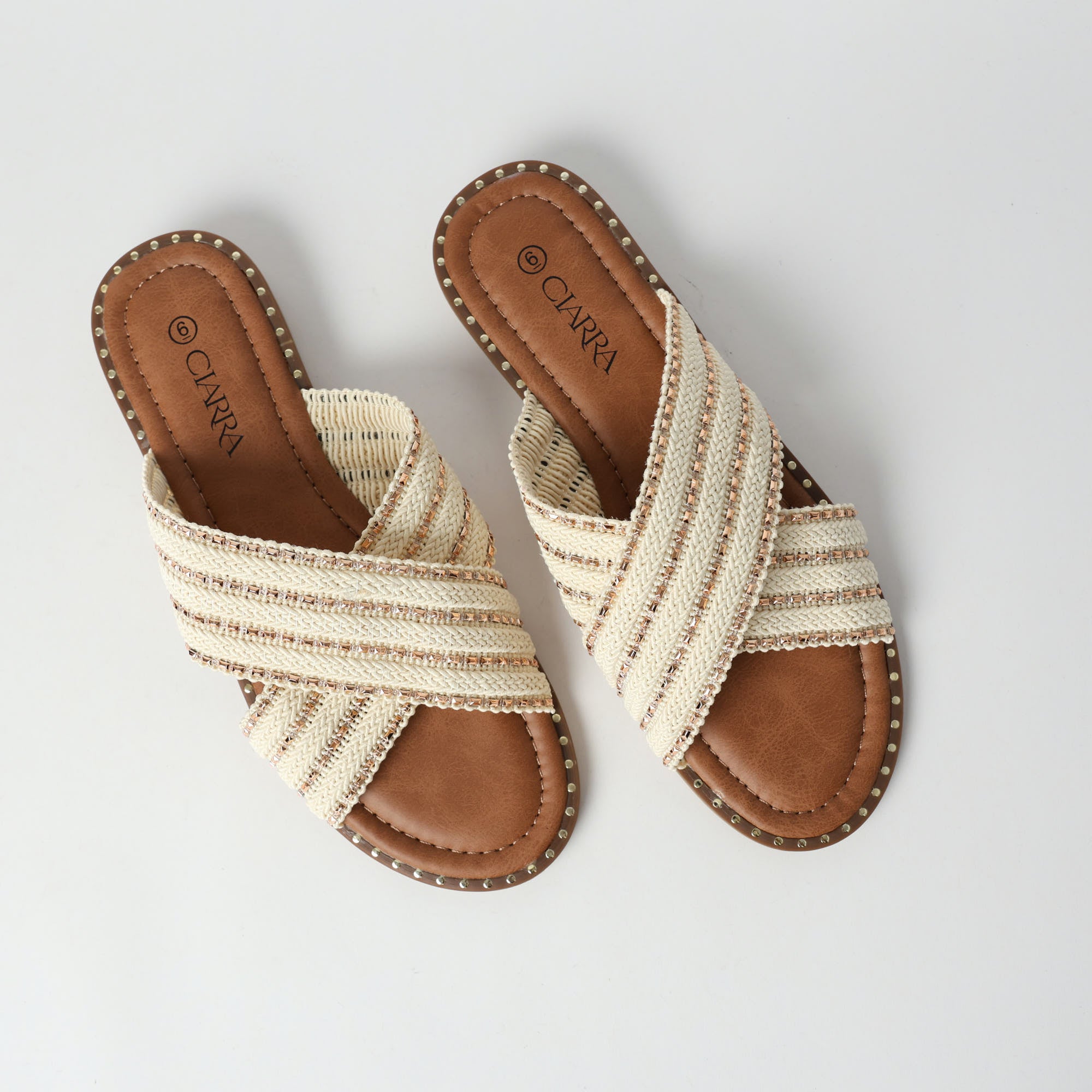 LADIES CIARRA BEIGE GLITTER CROSS OVER SANDAL (WEDGE)