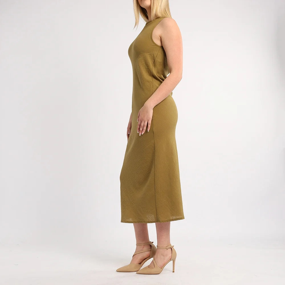 LADIES ALORA OLIVE SLEEVELESS BIAS CUT DRESS