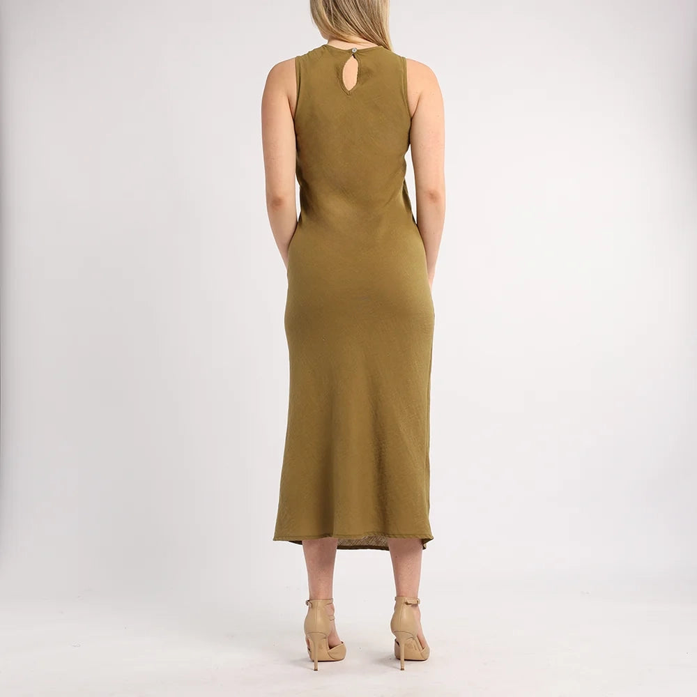 LADIES ALORA OLIVE SLEEVELESS BIAS CUT DRESS