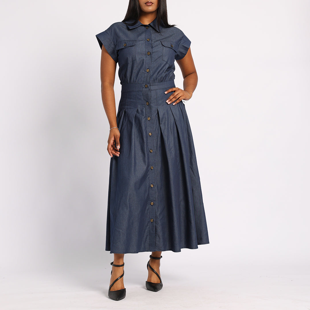 PLEATED DENIM DRESS