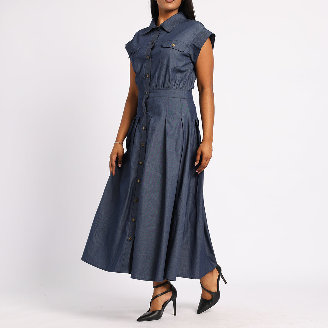 PLEATED DENIM DRESS