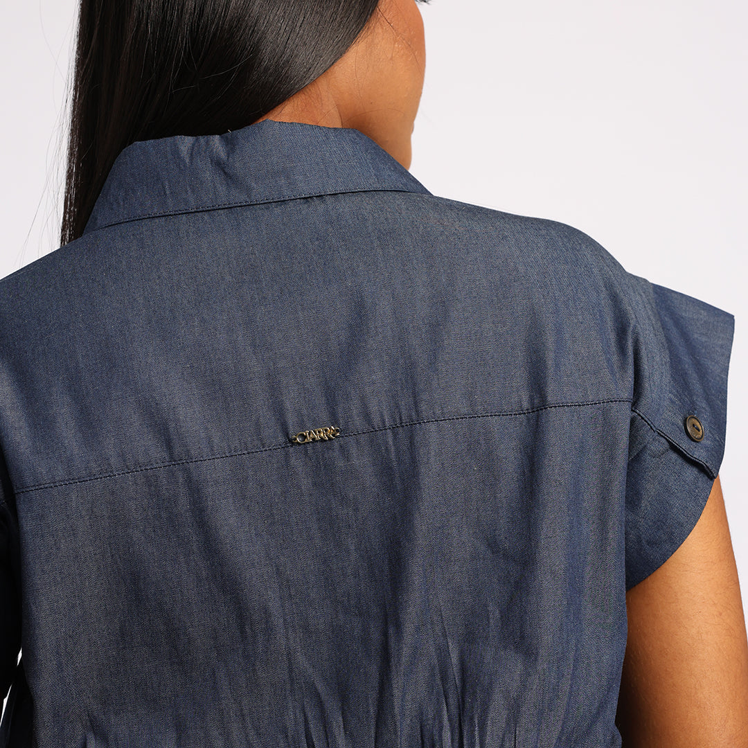 PLEATED DENIM DRESS