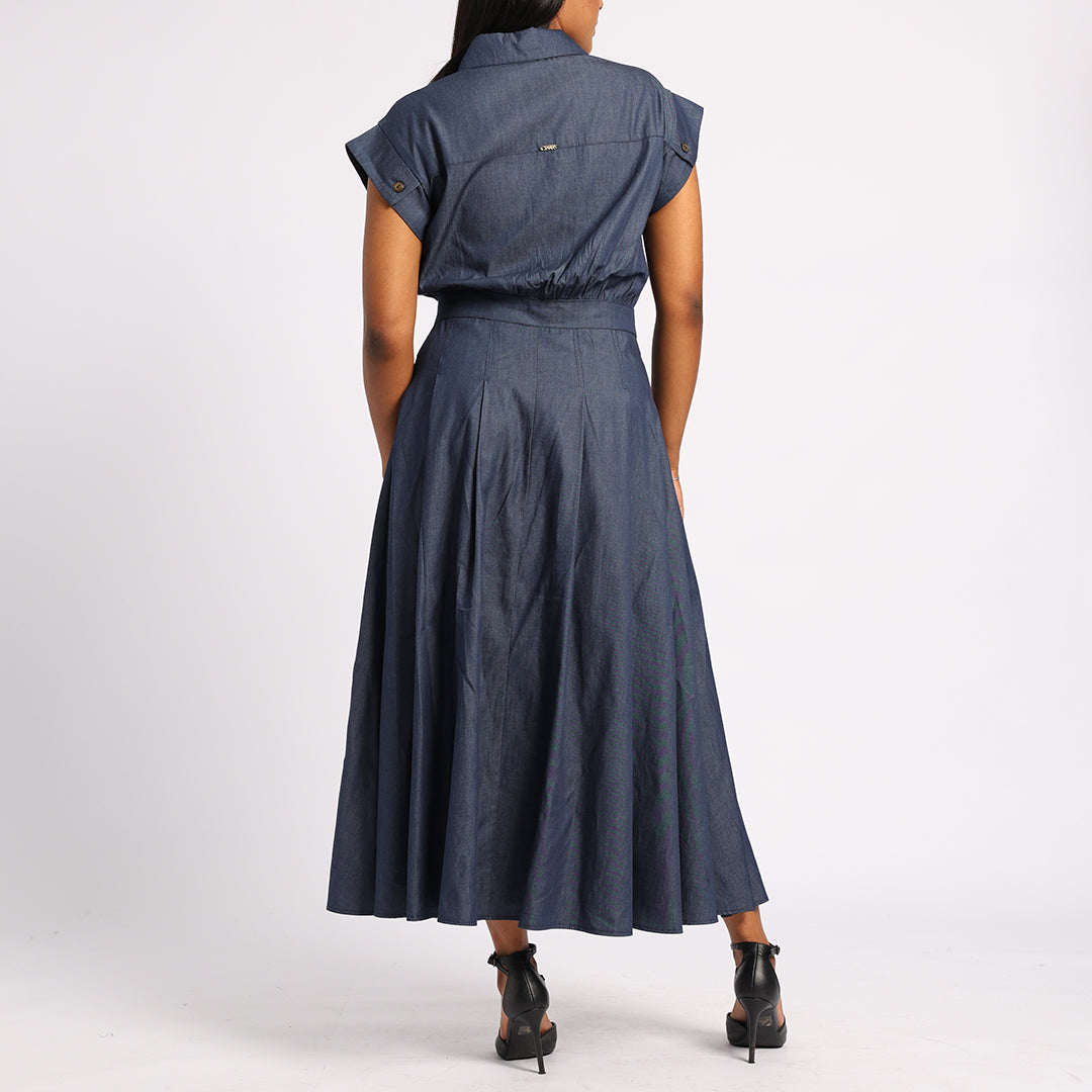 PLEATED DENIM DRESS