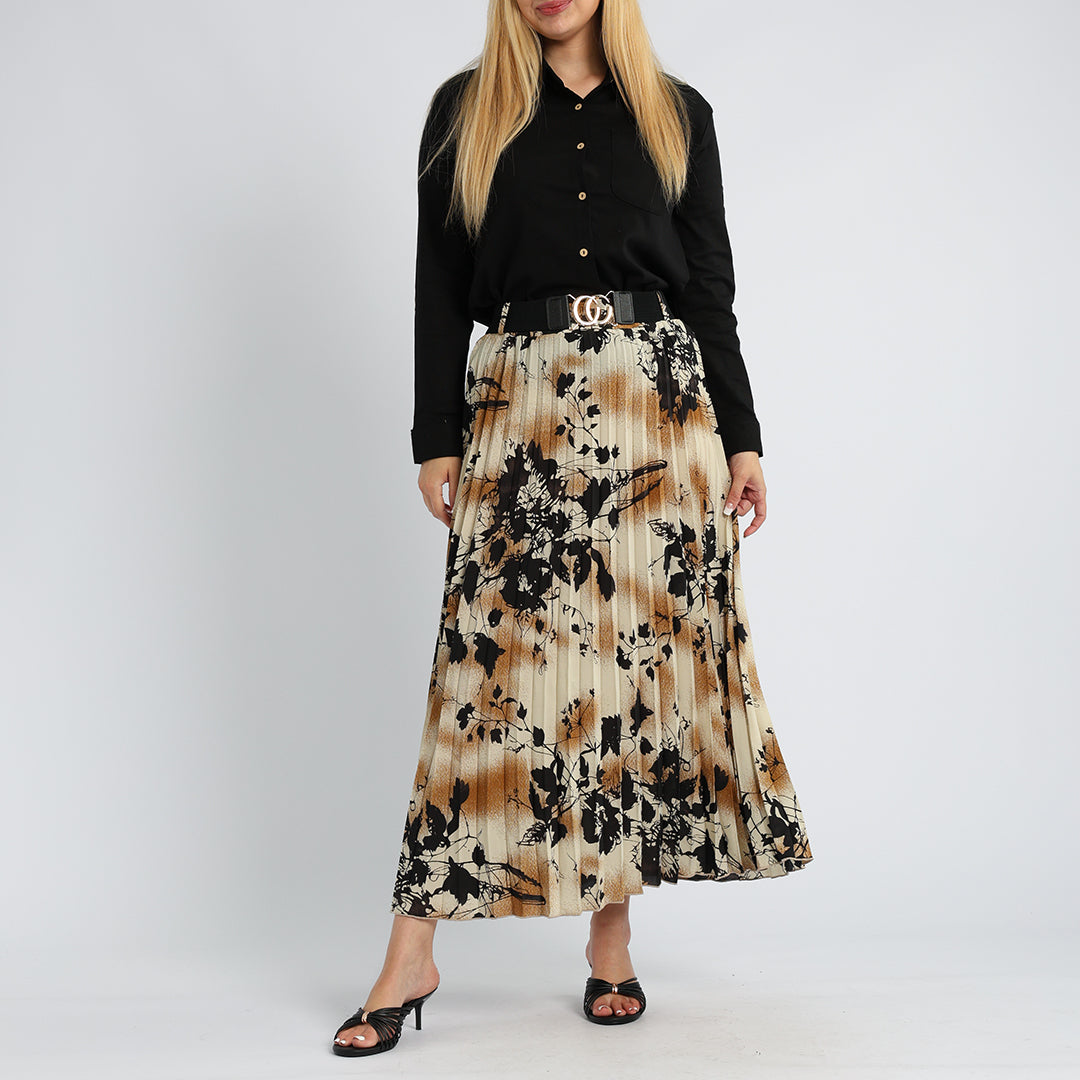 LADIES ALORA PRINTED PLEATED SKIRT WITH ELASTIC BELT