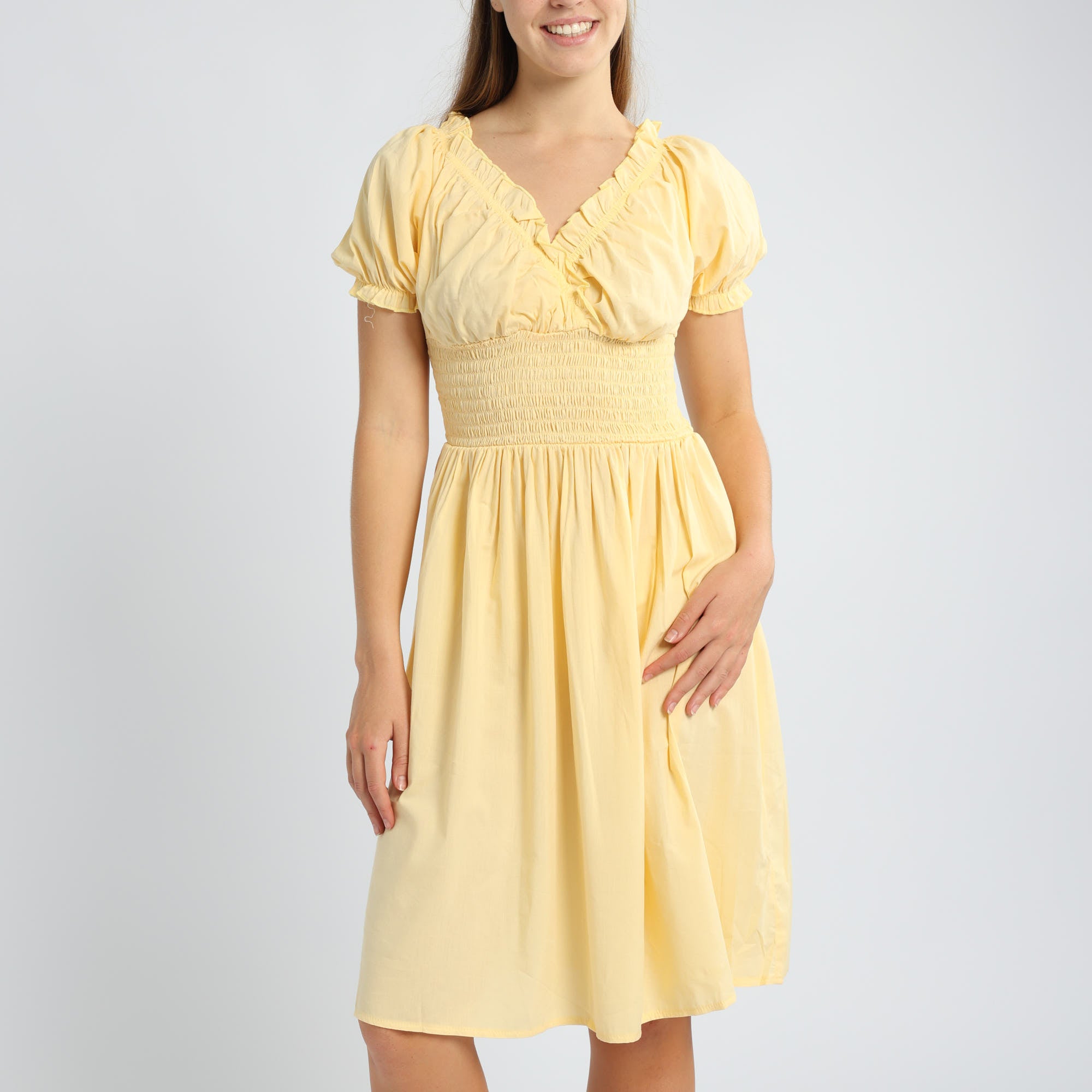 LADIES ALORA BUTTER V NECK SMOCKED DRESS